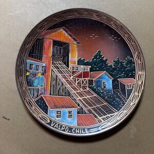 Vintage Chilean Copper Wall Plate Valparaiso Hand Painted Folk Art Decor 9.5
